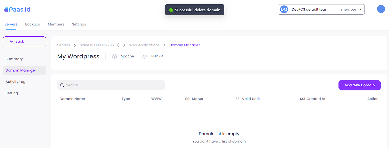 How to Delete a Domain from a Web Application on Paas.id